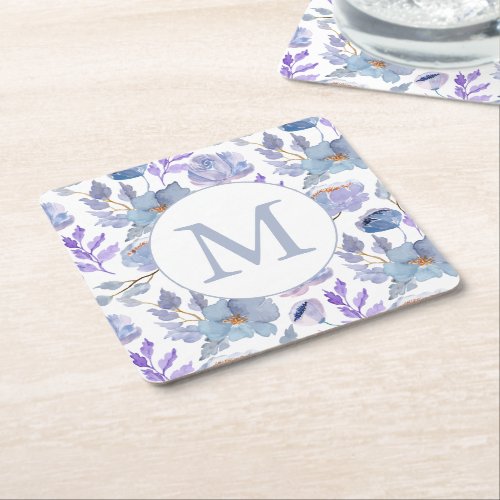 Pretty Dusty Blue Lilac Watercolor Floral Monogram Square Paper Coaster