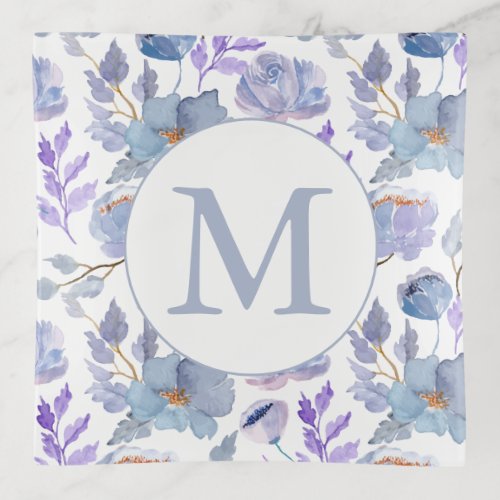 Pretty Dusty Blue Lilac Watercolor Floral Monogram Trinket Tray