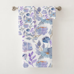 Pretty Dusty Blue Lilac Watercolor Flowers Pattern Bath Towel Set