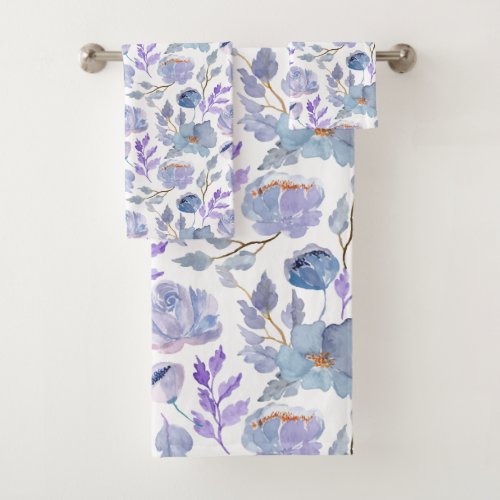 Pretty Dusty Blue Lilac Watercolor Flowers Pattern Bath Towel Set