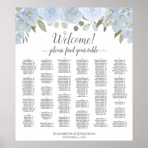 Pretty Dusty Blue Roses Alphabetical Seating Chart