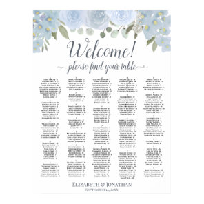 Pretty Dusty Blue Roses Alphabetical Seating Chart