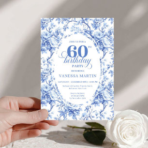 Pretty Dusty Blue Toile Roses 60th Birthday Invite