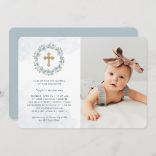 Pretty Dusty Blue Watercolor Floral Photo Baptism Invitation