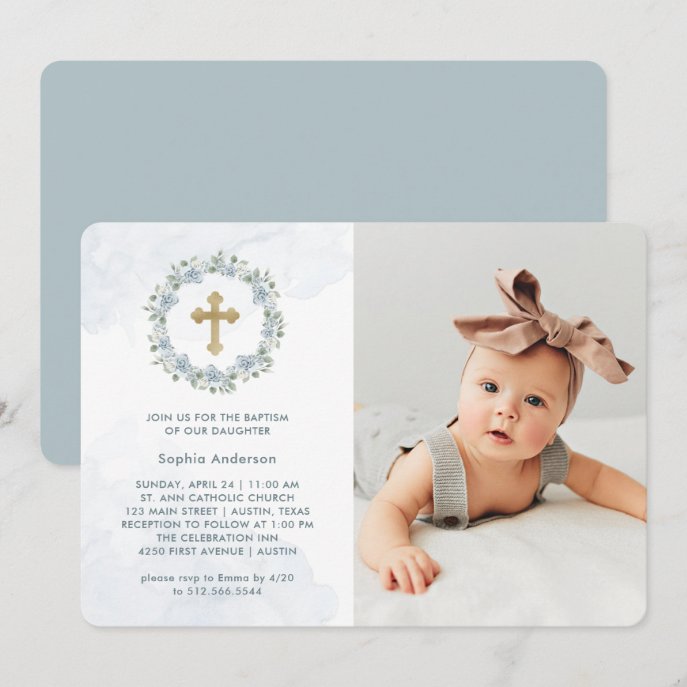 Pretty Dusty Blue Watercolor Floral Photo Baptism Invitation