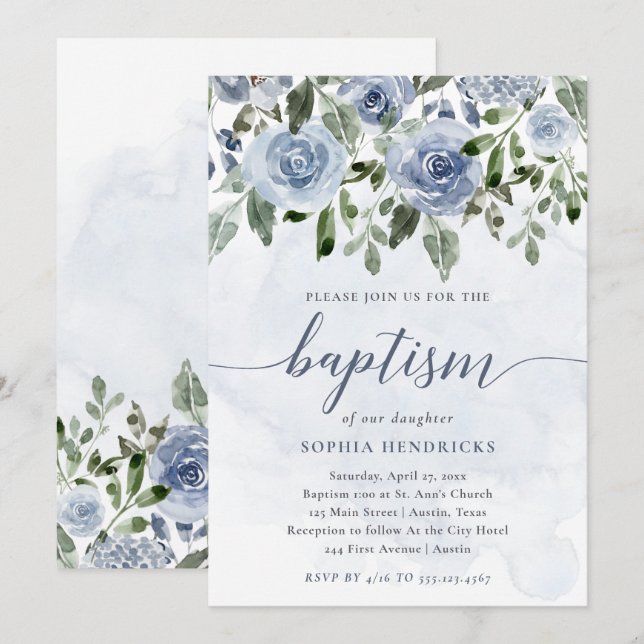 Pretty Dusty Blue Watercolor Flowers | Baptism Invitation (Front/Back)