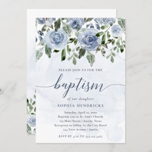 Pretty Dusty Blue Watercolor Flowers  Baptism Invitation