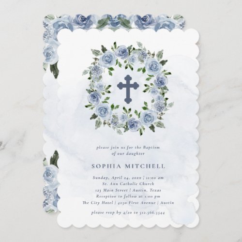 Pretty Dusty Blue Watercolor Flowers  Baptism Invitation