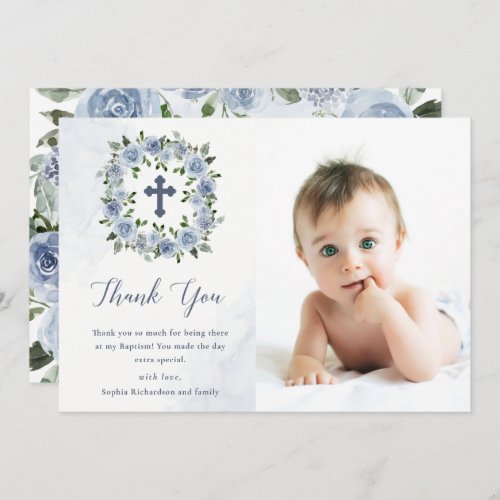 Pretty Dusty Blue Watercolor Flowers  Baptism Thank You Card