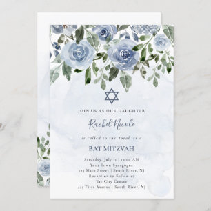 Pretty Dusty Blue Watercolor Flowers Bat Mitzvah Invitation
