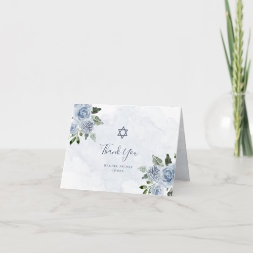 Pretty Dusty Blue Watercolor Flowers  Bat Mitzvah Thank You Card