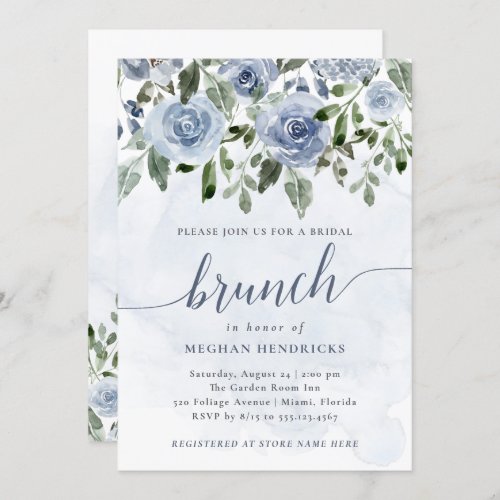 Pretty Dusty Blue Watercolor Flowers Bridal Brunch Invitation