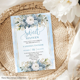 Pretty Dusty Blue White Gold Flowers Sweet 16 Invitation
