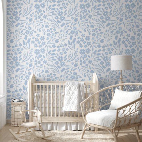 Pretty Dusty Blue Wildflowers Nursery Kids Room Wallpaper