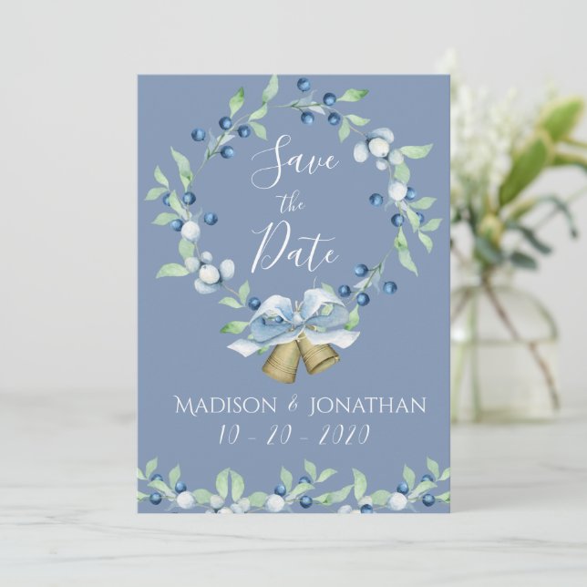 Pretty Dusty Blue Wreath Elegant Simple Save The Date (Standing Front)