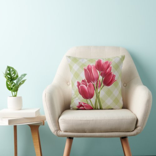 Pretty Dutch Red Tulips On Green Gingham Pattern Throw Pillow