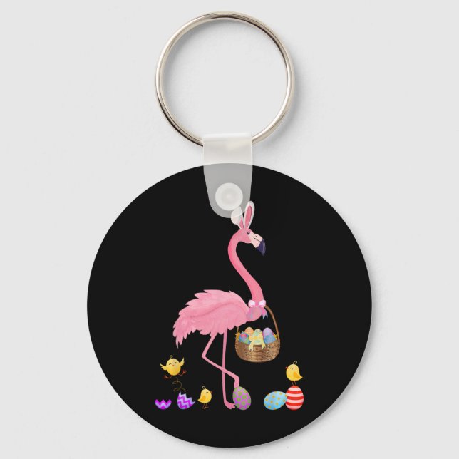 Pretty Easter Flamingo With Easter Basket Easter  Keychain (Front)