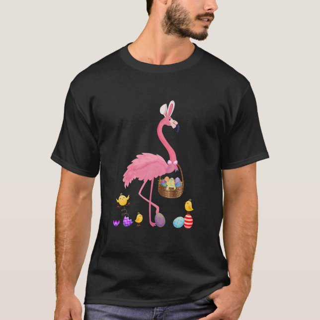 Pretty Easter Flamingo With Easter Basket T-Shirt (Front)