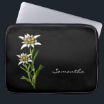 Pretty Edelewiss Laptop Case<br><div class="desc">Elegant zippered laptop case done in black, with lovely graphics of the white alpine flower Edelweiss. Custom white script text is ready to personalize for yourself or as a great gift idea.</div>