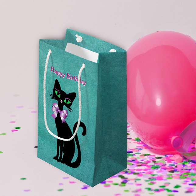 Pretty Elegant Black Birthday Cat Green Eyes Bow Small Gift Bag (Pretty cat green eyes wearing pink bow on teal happy birthday gift bags.)