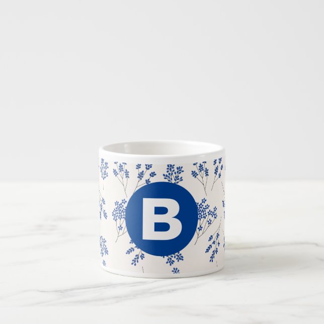 Pretty Elegant Blue Floral Pattern Monogram Espresso Cup (Front)