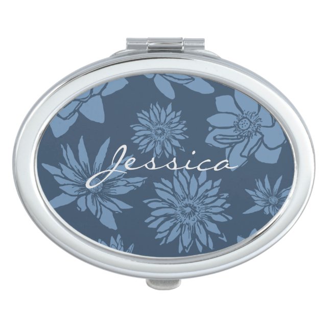 Pretty Elegant Blue Floral Pattern Personalised Compact Mirror (Front)