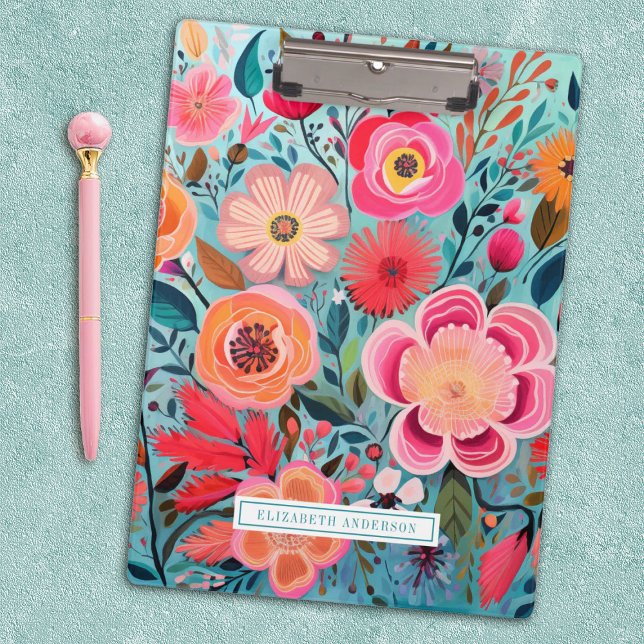 Pretty Elegant Botanical Stylish Floral Clipboard (A pretty, stylish and colorful floral clipboard. Personalize it with your name.)
