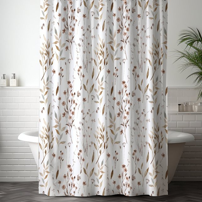 Pretty Elegant Brown Wildflowers Leaves Pattern Shower Curtain (In situ)