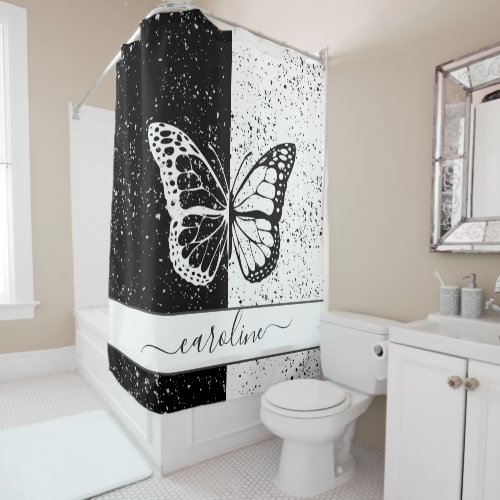 Pretty Elegant Butterfly Black  White Custom Name Shower Curtain