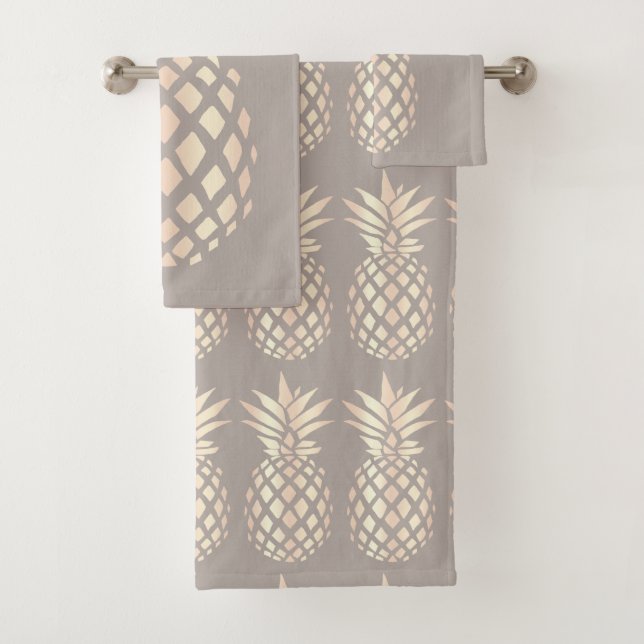 Pretty elegant copper rose gold pineapple & grey bath towel set (Insitu)
