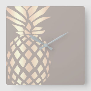 Pretty elegant copper rose gold pineapple & grey square wall clock