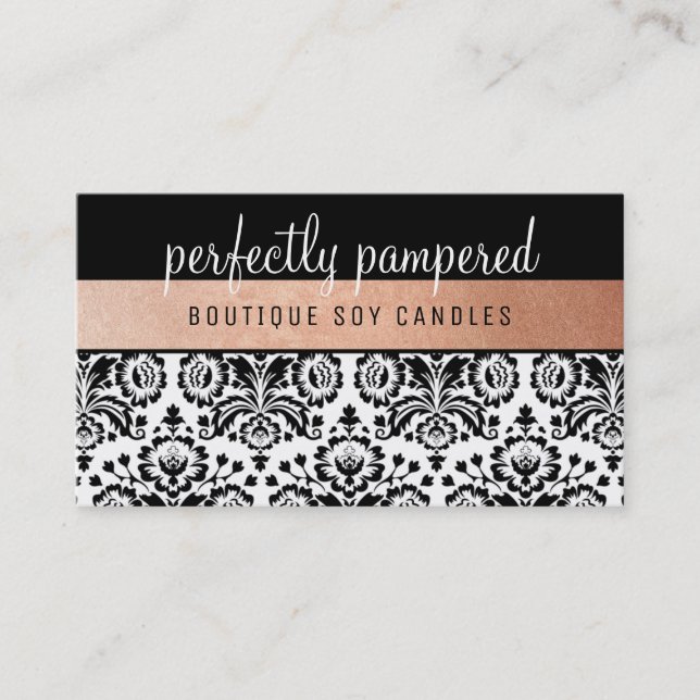 PRETTY ELEGANT DAMASK pattern black faux rose gold Business Card (Front)