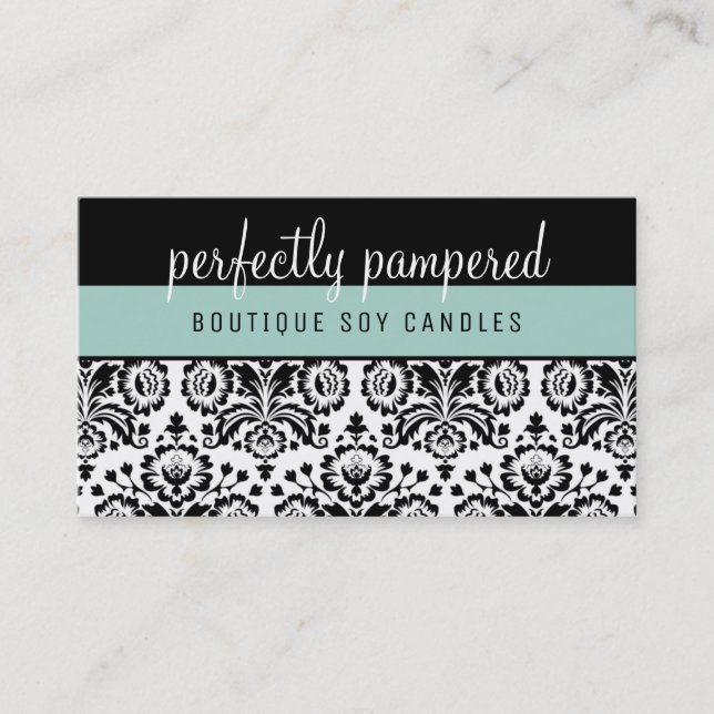 PRETTY ELEGANT DAMASK pattern black mint green Business Card (Front)