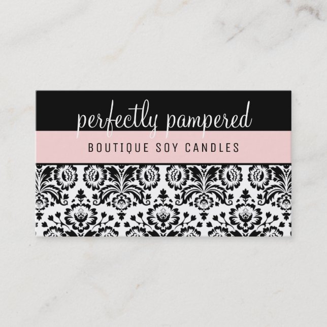 PRETTY ELEGANT DAMASK pattern black pale pink Business Card (Front)