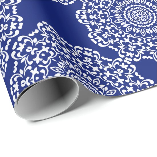 Pretty Elegant Dark Blue White Lacy Patterned Wrapping Paper