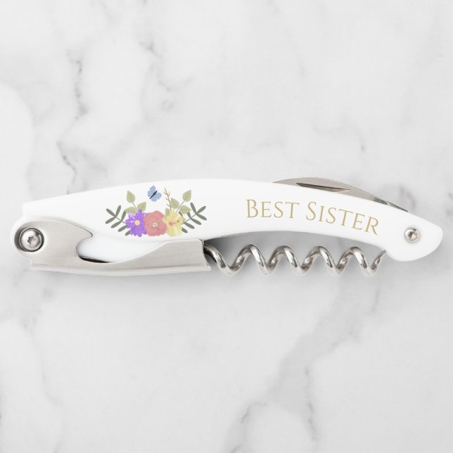 Pretty Elegant Floral Personalised Best Sister Waiter's Corkscrew (Front)