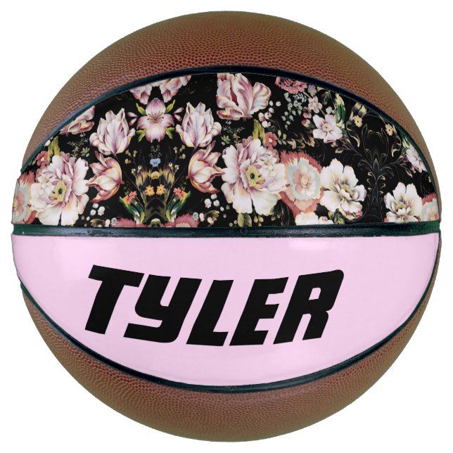 pretty elegant girly chic pink black floral basketball (Front)