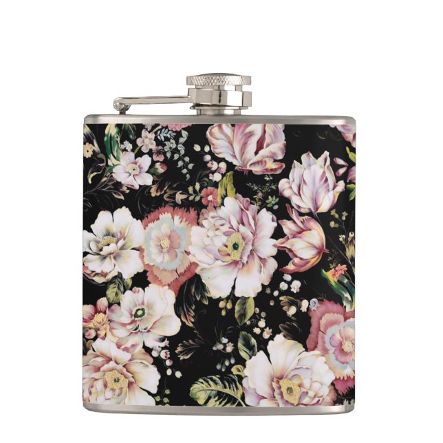 pretty elegant girly chic pink black floral flask (Front)