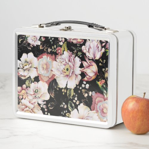 pretty elegant girly chic pink black floral metal lunch box