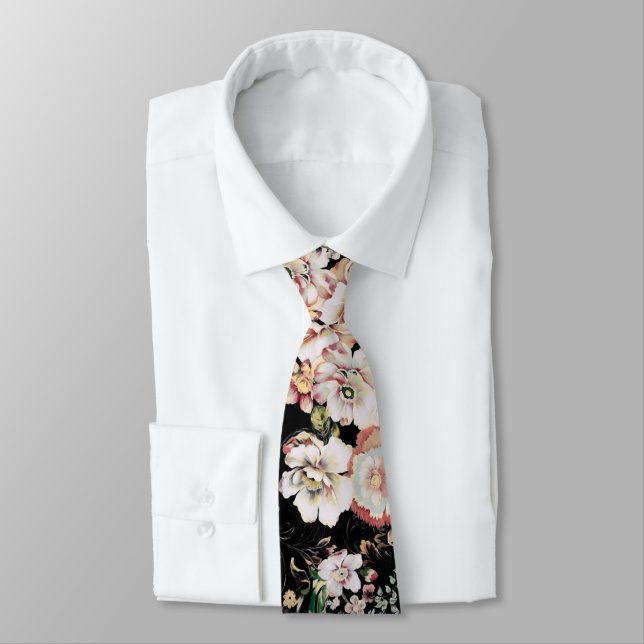 pretty elegant girly chic pink black floral neck tie (Tied)