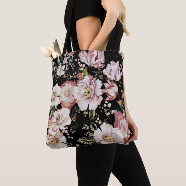 pretty elegant girly chic pink black floral tote bag (Close Up)