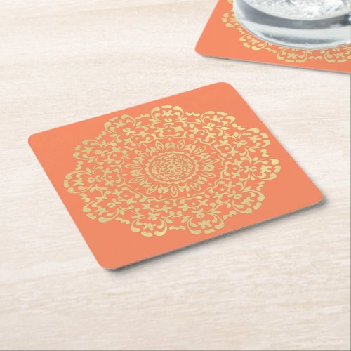 Pretty Elegant Gold Coral Lacy Patterned Square Paper Coaster