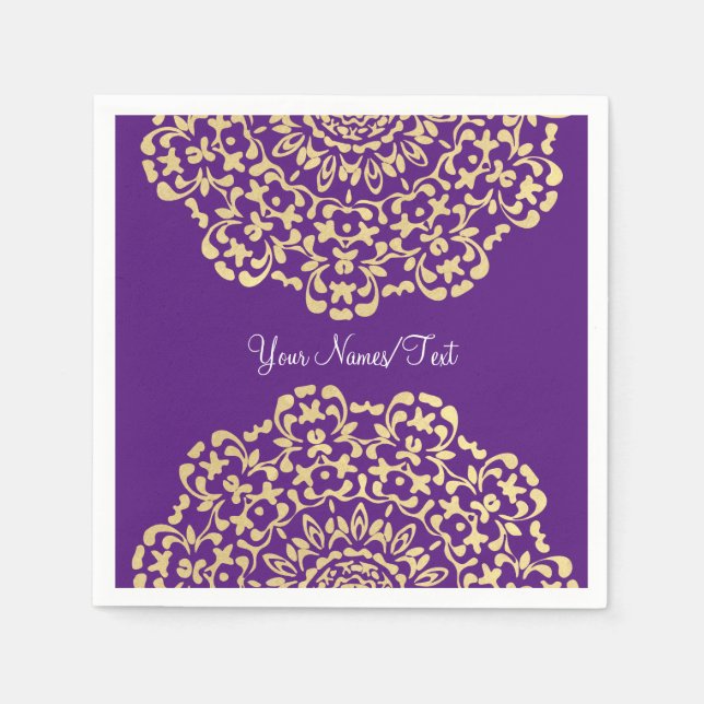 Pretty Elegant Gold Deep Purple Lacy Patterned Paper Napkins (Front)