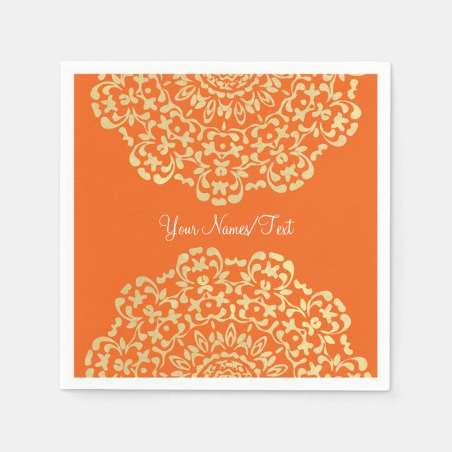 Pretty Elegant Gold Orange Lacy Patterned Napkins (Front)