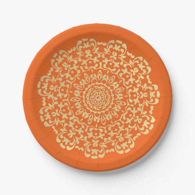 Pretty Elegant Gold Orange Lacy Patterned Paper Plates (Front)