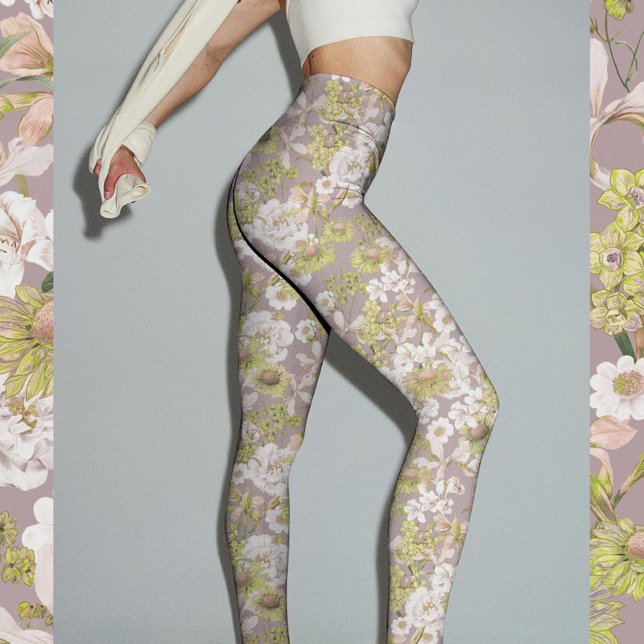 Pretty Elegant Light Green Neutral Floral Pattern Leggings (Pretty elegant light green neutral floral pattern printed leggings for yoga, fitness, filates, etc.)
