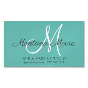 Pretty Elegant Monogram Teal Make Up Hair Salon  Business Card Magnet
