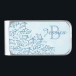 Pretty Elegant Ornate Blue Pattern Personalised Silver Finish Money Clip<br><div class="desc">Elegant personalised money clip with ornate light blue pattern.</div>