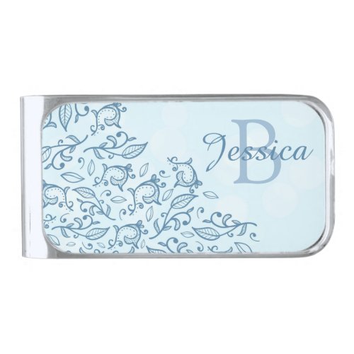 Pretty Elegant Ornate Blue Pattern Personalised Silver Finish Money Clip