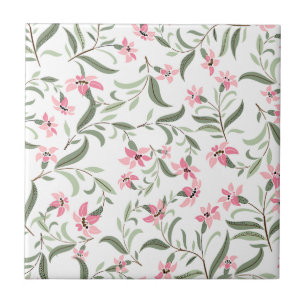 Pretty Elegant Pink Floral Pattern White Ceramic Tile